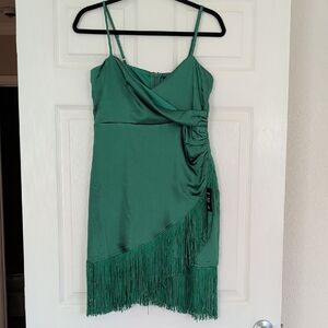 Lulu's Asymmetrical Green Fringe Dress